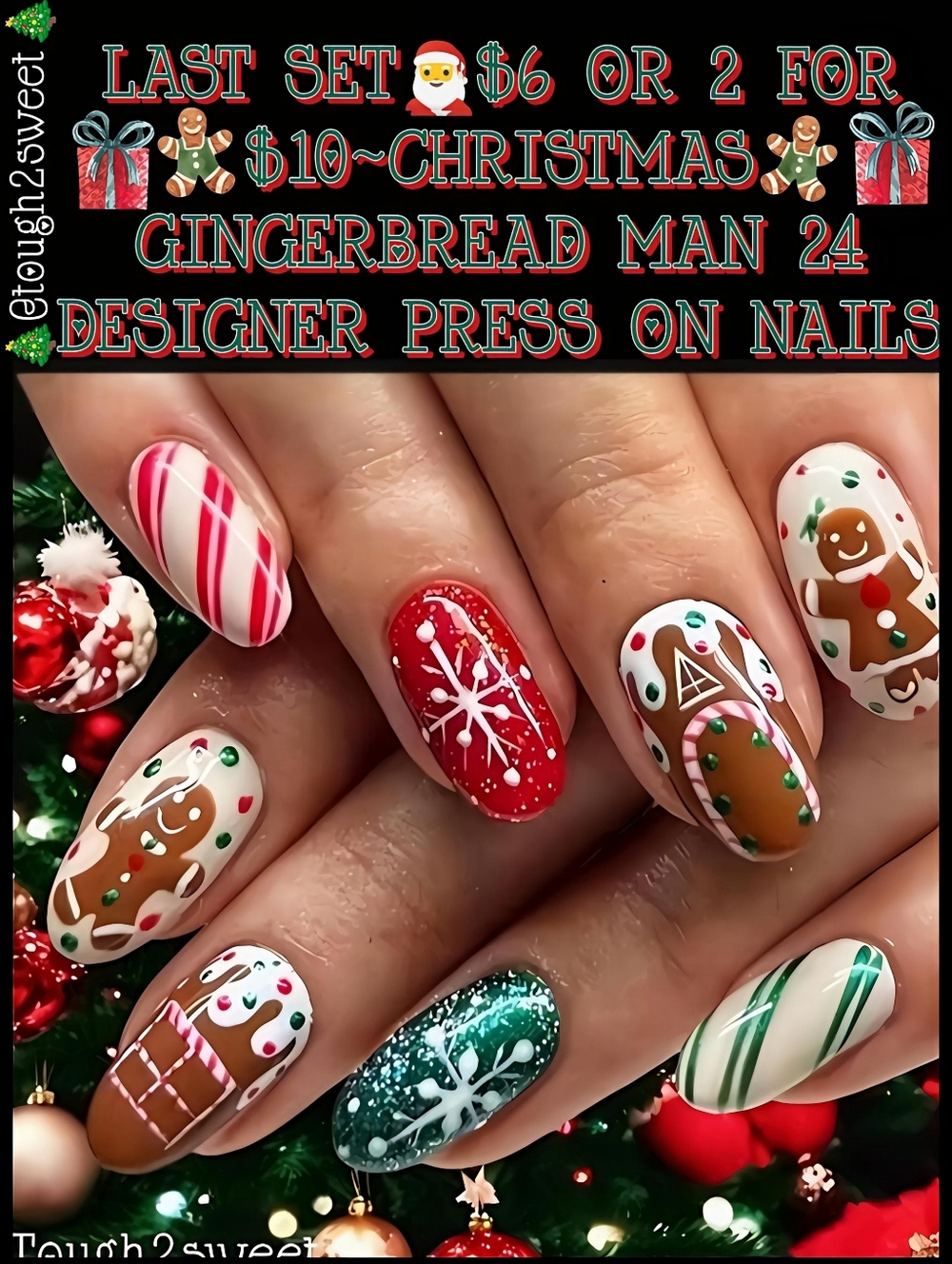 🆕LAST SET🎅$6 OR 2 FOR $10~CHRISTMAS GINGERBREAD MAN 24 DESIGNER PRESS ON NAILS